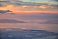 Great Salt Lake Sunset Aerial view from airplane in Wasatch Rocky Mountain Range, sweeping cloudscape and landscape Utah Royalty Free Stock Photo