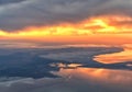 Great Salt Lake Sunset Aerial view from airplane in Wasatch Rocky Mountain Range, sweeping cloudscape and landscape Utah Royalty Free Stock Photo