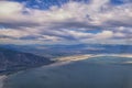 Great Salt Lake Utah Aerial view from airplane looking toward Oquirrh Mountains and Antelope Island, Tooele, Magna, with sweeping Royalty Free Stock Photo