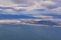 Great Salt Lake Utah Aerial view from airplane looking toward Oquirrh Mountains and Antelope Island, Tooele, Magna, with sweeping
