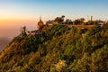 Panoramic view of the holy pilgrimage site of the Golden Rock of the Kyaikhtiyo Pagoda in the Mon State of Myanmar