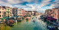 Great scene of famous Canal Grande. Colorful spring view from Rialto Bridge of Venice, Italy, Europe. Picturesque morning seascape