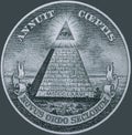 Great Seal of the United States reverse from the back of a one dollar bill. A pyramid unfinished under the Eye of Providence.