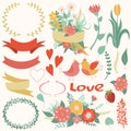 Great set of flowers, leaves, branches, wreaths, labels, hearts.