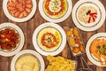 Great set of Spanish gastronomy dishes and assorted tapas with croquettes, tomato salad, loin sausage, Russian salad and cured Royalty Free Stock Photo