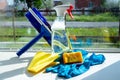 A great set for window cleaning. Cleaning the house with the help of special tools Royalty Free Stock Photo