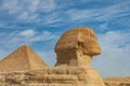 Great Sphinx of Giza in front of the Great Pyramid of Giza Royalty Free Stock Photo