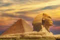 The Great Sphinx and Khafre Pyramid in Giza against colorful sunset sky in Giza, Cairo, Egypt Royalty Free Stock Photo