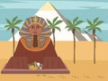 Great sphinx at pyramid background cartoon front view Royalty Free Stock Photo