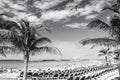 Great stirrup cay, Bahamas - January 08, 2016: sea beach, people, chairs, green palm trees on sunny day. Summer vacation Royalty Free Stock Photo