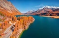 Great summer day on Sils Lake Silsersee. Aerial autumn scene of Swiss Alps, Maloja Region Royalty Free Stock Photo