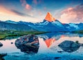 Great summer scene of the Stellisee lake. Splendid evening view of Matterhorn Monte Cervino, Mont Cervin in Swiss Alps, Royalty Free Stock Photo