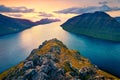 Great sunset view from populat tourist attraction - Klakkur peak, Faroe Islands, Kingdom of Denmark, Europe. Spectacular evening s