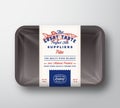 Great Taste Fish Suppliers Abstract Vector Rustic Packaging Design Label on Plastic Tray with Cellophane Cover. Retro