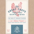 Great Taste Perfect Chicken. Abstract Vector Poultry Meat Packaging Design or Label. retro Typography and Hand Drawn
