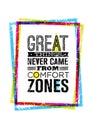 Great Things Never Came From Comfort Zones Motivation Quote Inside Bright Grunge Frame. Vector Typography Concept. Royalty Free Stock Photo