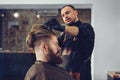 Great time at barbershop. Hair beard and mustache treatment in barber shop. Royalty Free Stock Photo