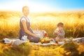 Great time is childhood. Mom - the most beloved person. happy family on picnic for mothers day. Mom and toddler son Royalty Free Stock Photo