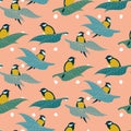 Great tit birds sitting on a branches seamless vector pattern on a pink background Royalty Free Stock Photo