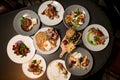 great top view of plates with different dishes on table