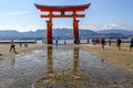 The great Torii Red at Itsukushima Shrine is a Shinto shrine on the island of Itsukushima aka Miyajima at low tide Royalty Free Stock Photo