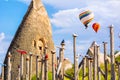 The great tourist attraction of Cappadocia - balloon flight. Pigeon valley, Goreme, Cappadocia, Turkey. Travel concept. Artistic