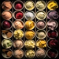 Great variety of colorful ice cream desserts.