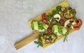 Great vegetarian appetizers with different toppings, top view. Flat lay of rye bread toasts