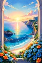 A great view of a blue sea in a breezy morning, bathed in sunrise, flowers, rocks, hill, painting art Royalty Free Stock Photo