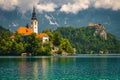 Great view with chuch and castle on the cliff, Slovenia