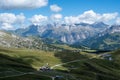 Great view of Col Rodella mountain range in Val di Fassa valley with hiking trails under blue sky