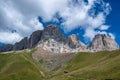 Great view of Col Rodella mountain range in Val di Fassa valley with hiking trails under blue sky