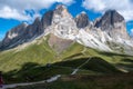 Great view of Col Rodella mountain range in Val di Fassa valley with hiking trails under blue sky