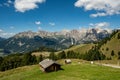 Great view of Col Rodella mountain range in Val di Fassa valley with hiking trails under blue sky