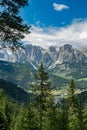 Great view of Col Rodella mountain range in Val di Fassa valley with hiking trails under blue sky