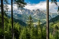 Great view of Col Rodella mountain range in Val di Fassa valley with hiking trails under blue sky