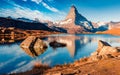 Great view of Matterhorn/Cervino peak. Stunning morning view of Stellisee lake. Beautiful autumn scene of Swiss Alps, Zermatt reso Royalty Free Stock Photo