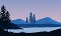 Great view of the mountains from the river bank at sunrise in the morning. Vector illustration Royalty Free Stock Photo