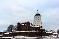 Russia, Vyborg, January 2021. View of the Vyborg castle on a cloudy winter day.