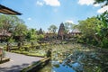 Great view of the pond with lotuses and the entrance to the Balinese temple