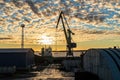 Russia, Vyborg, November 2020. View of the cargo port at sunset in autumn.