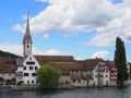 Great view of St. George`s Abbey at Rhine River in european STEIN am RHEIN town in SWITZERLAND Royalty Free Stock Photo