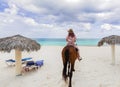 Great view of young girl horse riding on the beach Royalty Free Stock Photo