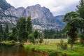 Great vistas of massive granite monoliths El Capitan seen from Yosemite Valley floor in Yosemite National Park, California Royalty Free Stock Photo