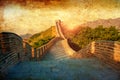 Great Wall of China.Vintage styled design in warm golden sun. Like handpainted old postcards