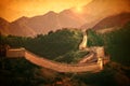 Great Wall of China.Vintage styled design in warm golden sun. Like handpainted old postcards