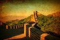 Great Wall of China. Vintage styled design in warm golden sun. Like handpainted old postcards