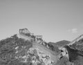 Great Wall of China: Black and white view of a section on a mountain ridge under a clear sky Royalty Free Stock Photo