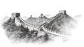 The Great Wall of China illustration in black and white pencil sketch - made with Generative AI tools Royalty Free Stock Photo