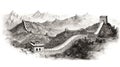 The Great Wall of China illustration in black and white pencil sketch - made with Generative AI tools Royalty Free Stock Photo